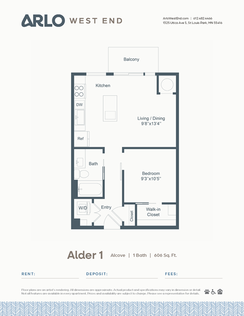 Floor plan for studio, 1 bath, 606 sqft